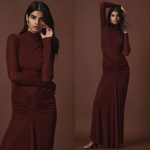 Ronny Kobo scorpio mock neck  ruched mesh jersey  burgundy maxi dress - Picture 6 of 13